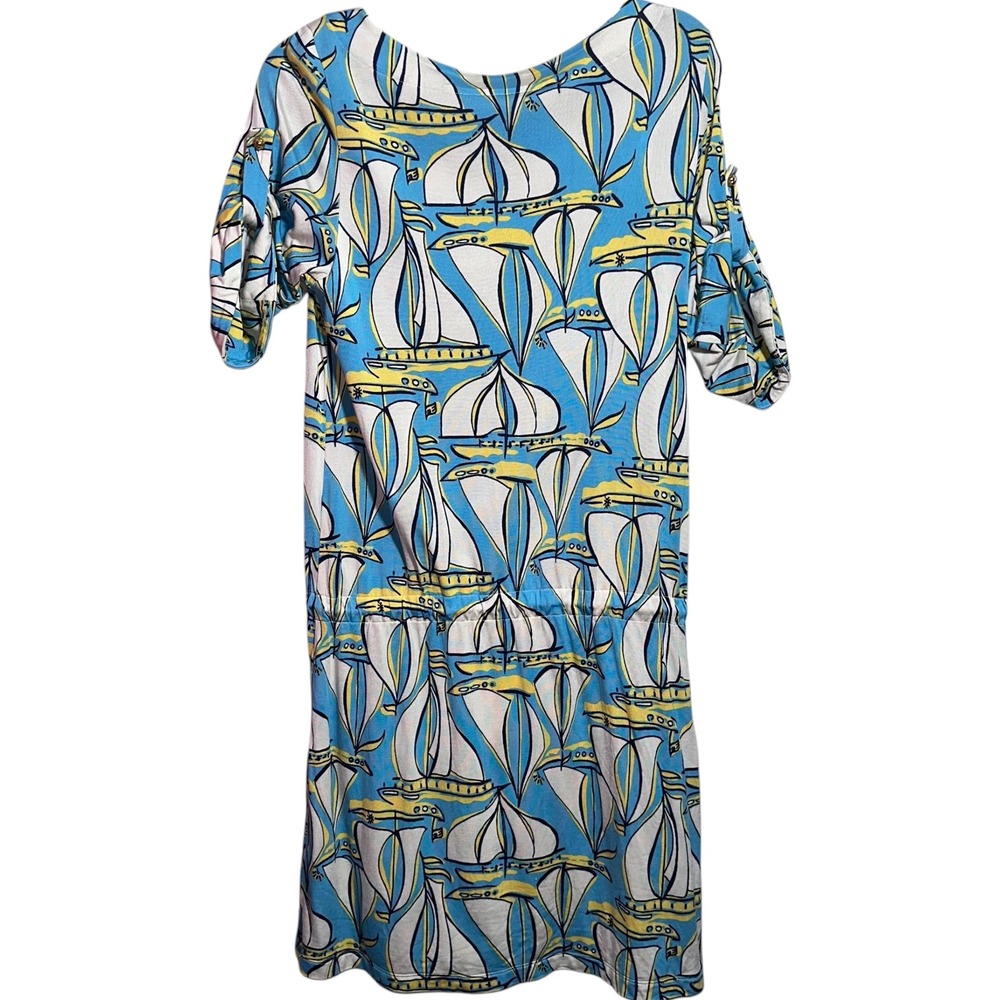Lilly Pulitzer Dress M Blue Sailboat Y2K Drawstring Shift Coastal Sailboats